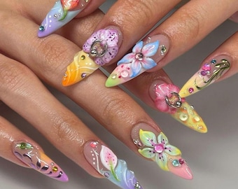 Nail Set With Tropical Flower Design Press On Nails, 3D Flower, Ladybug Nail Art, Dreamy Fake Nails for Birthday Party Holiday, Gift for her