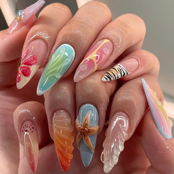 Ocean inspired Designs With Flowers Seashell and Starfish Handmade Long Almond Summer Press on Nails 3D Nails Custom Fake Acrylic Nails Etsy