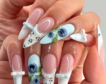 Handmade 3D Blueberries Press On Nails, Long Stiletto Nails with Bows & Lace, Cottagecore Cute Nail Art, Reusable Fake Nail Set, Summer Nail