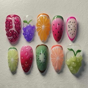 Fruit World Press On Nail, Citrus Press On Nails, Custom Summer Almond Nail Set for Fruit Lovers, Party Holiday, Summer Nails, Colorful Nail