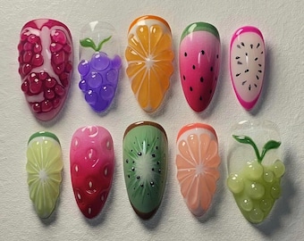 Fruit World Press On Nail, Citrus Press On Nails, Custom Summer Almond Nail Set for Fruit Lovers, Party Holiday, Summer Nails, Colorful Nail