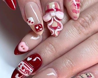 Sweet Valentine Press On Nails, Love-Themed Nail, Almond Nail Set with Heart, Straberry, Bow, Valentine Nail, Romantic Party Nail, Red Nail