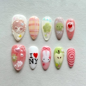 Freestyle Cute Cartoon Press On Nail, Custom Funny Almond Nail Set for New York Lovers, Stunning Floral Press On, Spring Nail, Colorful Nail