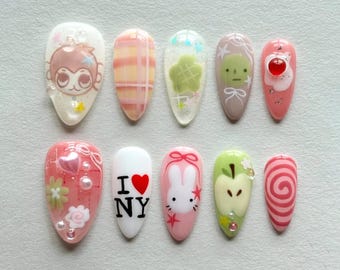Freestyle Cute Cartoon Press On Nail, Custom Funny Almond Nail Set for New York Lovers, Stunning Floral Press On, Spring Nail, Colorful Nail
