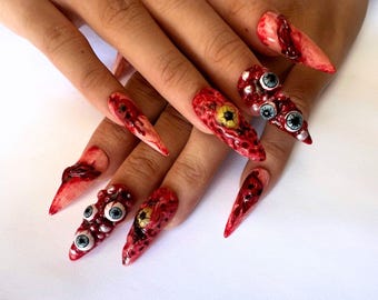 Uñas postizas con forma de ojo malvado sangriento, uñas postizas con forma de aguja pintadas a mano para amantes de Halloween espeluznante, uñas de Halloween aterradoras, uñas 3D, uñas de Halloween