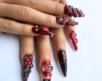 Uñas postizas de payaso espeluznante para Halloween, juego de uñas postizas espeluznantes de aguja larga hechas a mano, uñas postizas de calavera de terror 3D, arte de uñas de gel para Halloween.