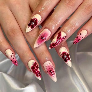 Burgundy Red Flower Press On Nail, Long Stiletto Fake Nail for Spring-Summer, Stylish & Trendy Nail Design, 3D Nails, Gel Nails.