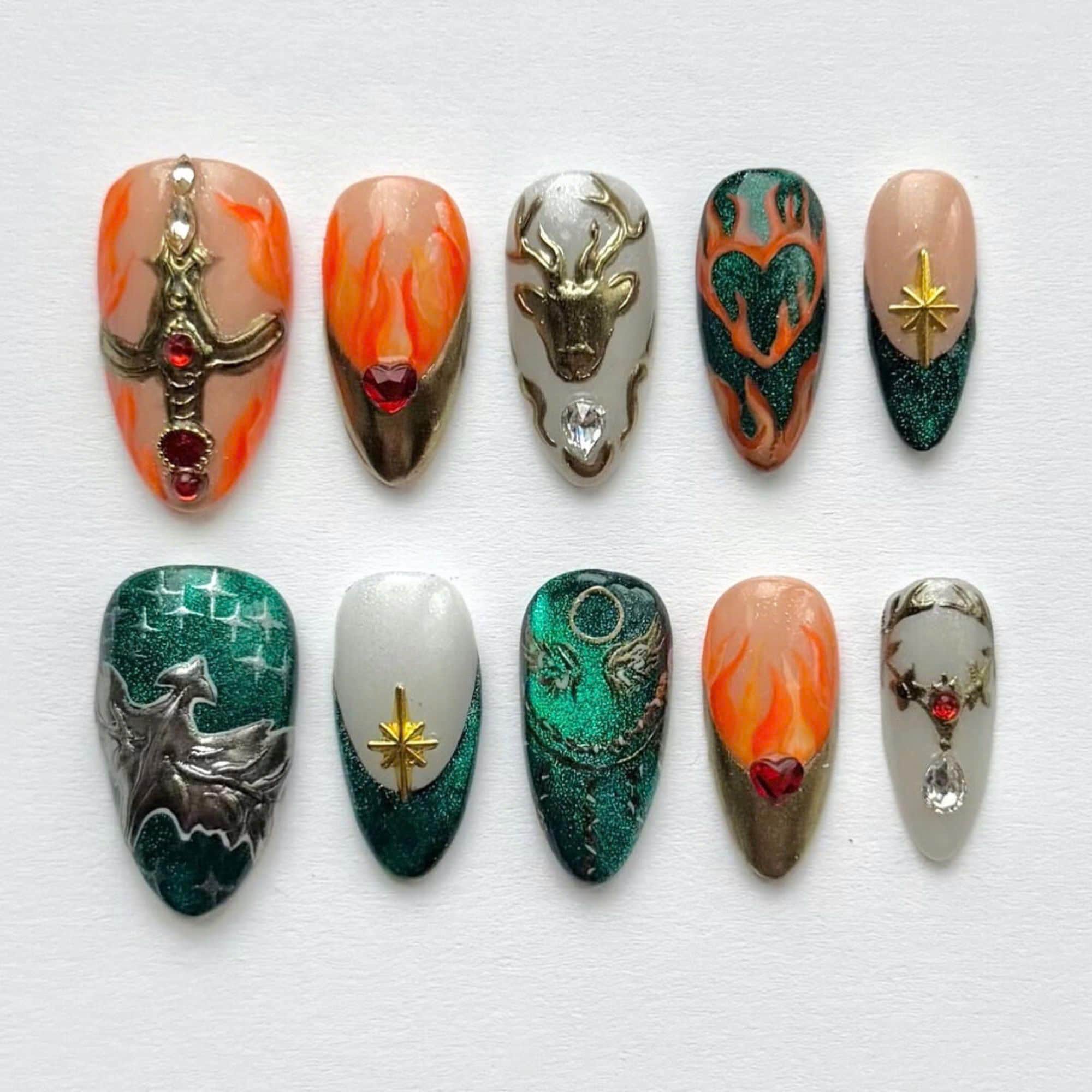 Throne of Glass Inspired Press On Nails, Handmade Unique Almond Nail Set with Idol, Abstract Nail Art, Fantasy Fake Nails for Party, Prom.