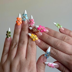 Vibrant Orchid Garden French Tip Press On Nails, Colorful Floral Handmade Nail Art, Reusable False Nails, Summer Nail Set, Flower Nails.