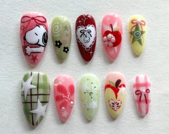 Handgemaakte schattige hond op nagel, unieke grappige amandelnagelset voor dierenliefhebbers, prachtige bloemenpers, lentenagel, trendy nagel, cadeau.