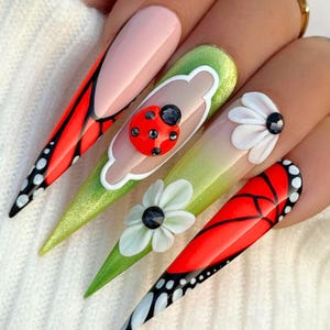 Handmade Butterfly Nail Art with Ladybug and Daisy, Spring Summer Long Press On Nails, Colorful Nature Inspired False Nails, Gift for her.