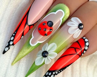 Handmade Butterfly Nail Art with Ladybug and Daisy, Spring Summer Long Press On Nails, Colorful Nature Inspired False Nails, Gift for her.