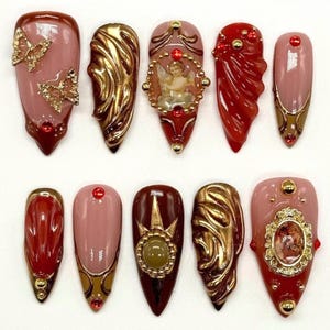 Uñas de almendras con diseño exclusivo de Virgen María, juego de uñas con diseño de ángel burdeos dorado, diseño personalizado, uñas postizas para cumpleaños, uñas festivas