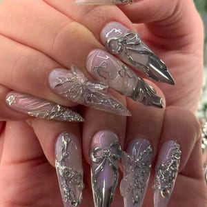 Chrome 3D Press On Nails, Silver Butterfly Bow Nail Art, Handmade Metallic Long Fake Nails, Glam Luxury Nail Set for Gift, Reusable Nails.