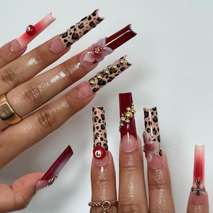 Beautiful Leopard Long Square Press on Nails, Custom Nails With Flower, Brown Dots, French Tips, Fake Acrylic Nail, Red Nail, Brown Nail Set