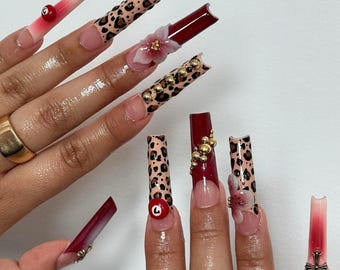 Beautiful Leopard Long Square Press on Nails, Custom Nails With Flower, Brown Dots, French Tips, Fake Acrylic Nail, Red Nail, Brown Nail Set