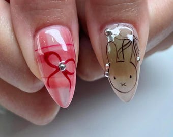 Yoshitomo Nara Almond Nail Set, Handmade Japanese Nails, Custom