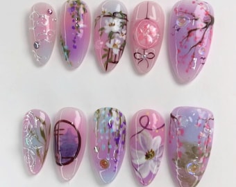 Dreamy Purple Press-on Nails, Asian Nail Art Inspired Nail Set with Cherry Blossoms, Temples Designs, Unique Gift for Nail Art Lovers.
