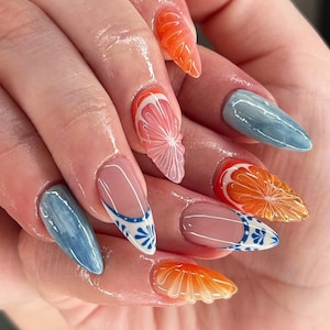 Handcrafted 3D Fruit Press On Nail, Almond Nail Set, Summer Holiday Fake Nail, Fresh Look False Nail for Holiday Birhday Party, Gift for Her