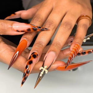 Beautiful Autumn Super Stiletto Press on Nails, Custom Nails With Brown Dots, French Tips, Fake Acrylic Nails, Fall Nail, Brown Nail Set
