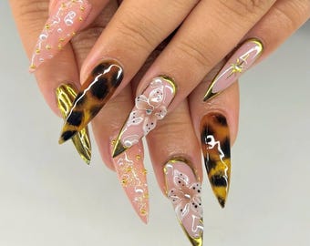 Fall Press On Nails with Flower, Cheetah, Gold Accents, Long Stiletto Tortoise Shell Nails, Brown Nails, Autumn Nails, Trendy Nails, Gift.