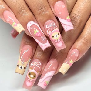 Teddy Bear & Strawberry Press On Nails, Stunning Valentine Nail Art Adorned with 3D Miffy, Heart, Kawaii nails, Pink nails, Valentine Nails.
