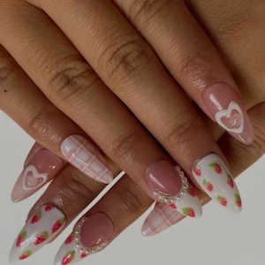 Romantic Pink Press On Nail, Nail Set With Strawberry, French Tips Design, 3D Miffy Nail, Valentine Nail Art, Heart Nail, Mothers day gift.