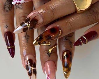Fall Press On Nails with 3D Floral and Gold Accents, Long Stiletto Tortoise Shell Nails, Brown Nails, Autumn Nails, French Tips Nails, Gift.
