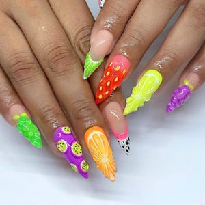 Handcrafted Long Stiletto Nails with Vibrant 3D Fruit Designs in Multicolor, Bright Summer Vibes Press On Nails, Perfect for a Tropical Look
