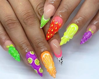 Handcrafted Long Stiletto Nails with Vibrant 3D Fruit Designs in Multicolor, Bright Summer Vibes Press On Nails, Perfect for a Tropical Look