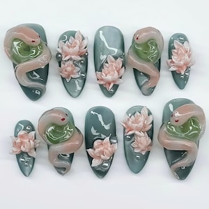 Hand-painted Lotus & Snake Press On Nails, Unique Snake Almond Nail Set, Trendy Asian Nails, Spring Nail Art, Artistic Fake Nails for Party.