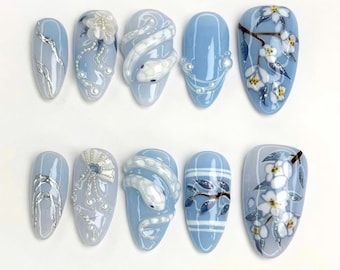 Hand-painted Flower Snake Press On Nails, Light Blue Almond Nail Set, Spring Nail Art, Artistic Fake Nails for Party, Trendy Asian Nails.