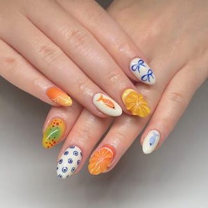 Glamour Summer Press On Nails, Fruit Nails, Ocean Nails, Short Nails, Custom Fake Acrylic Nails, Trendy Nails, Colorful Nail, Mix Match Nail