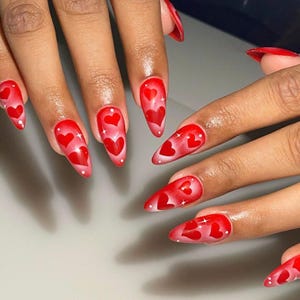 Hand-painted 3D Red Heart Press On Nail, Almond Nail Set, Valentine Nail Art, Heart Nail, Custom Fake Nail, Romantic Valentine, Gift for her