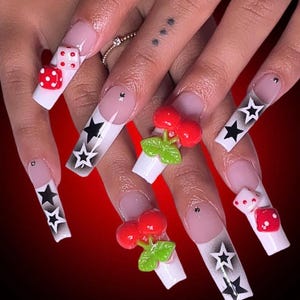 Custom Dice Press On Nails, Unique Casino Themed Nail Designs with Dice Motifs, Luxury Nail Art with Cherry & Dices, French Tips Nails.
