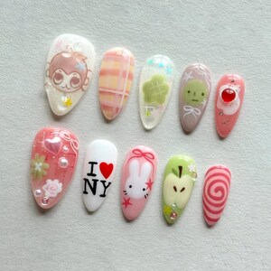 Freestyle Cute Cartoon Press on Nail, Custom Funny Almond Nail Set for ...