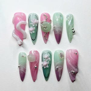 Hand-painted White Snake Press On Nails, Unique  Long Stiletto Nail Set with Jade, 3D Lotus, Spring Nail Art, Artistic Fake Nails for Party.