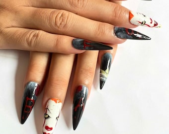 Blood of The Clown Halloween Press On Nails, Hand Drawn Long Fake Nail Set, Black Nails for Halloween, Funny Halloween Nails, Glue On Nails.