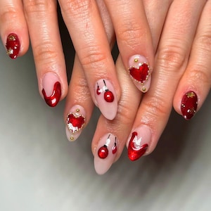 Handmade 3D Red Heart Press On Nail, Almond Nail Set, Valentine Nail Art, French Tips Nail, Custom Fake Nail, Romantic Valentine Nails, Gift