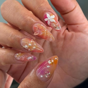3D Flower Nails, Custom Press On Nails, Handmade Press on Nails, Fake Acrylic Nails, Press on Nails, Gel Nails, Pink Nail Set, Gift for Her.