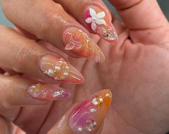 3D Flower Nails, Custom Press On Nails, Handmade Press on Nails, Fake Acrylic Nails, Press on Nails, Gel Nails, Pink Nail Set, Gift for Her.