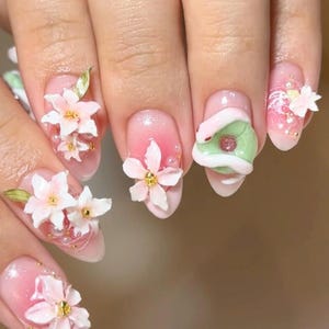 Couple of Pink Snake Press On Nails, Unique Short Almond Nail Set with 3D Lotus, Jade, Abstract Nail Art, Artistic Fake Nail for Party, Prom