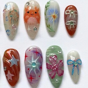 Smiski Nails, Colorful Nails, Handmade Nails, Press on nails, Cartoon Nails, Kawaii Nails, Unique Nails, Custom Nails, Cute Nails, Artistic Nails, Studio Ghibli Nails, Tororo Nails, Anime Nails, False Nails,  Japanese Nails