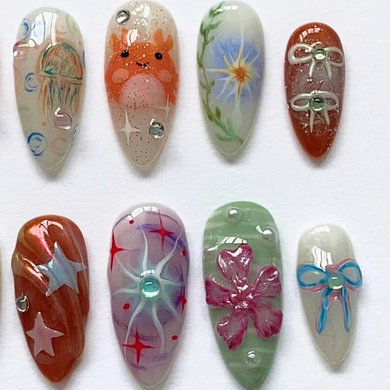 Smiski Nails, Colorful Nails, Handmade Nails, Press on nails, Cartoon Nails, Kawaii Nails, Unique Nails, Custom Nails, Cute Nails, Artistic Nails, Studio Ghibli Nails, Tororo Nails, Anime Nails, False Nails,  Japanese Nails