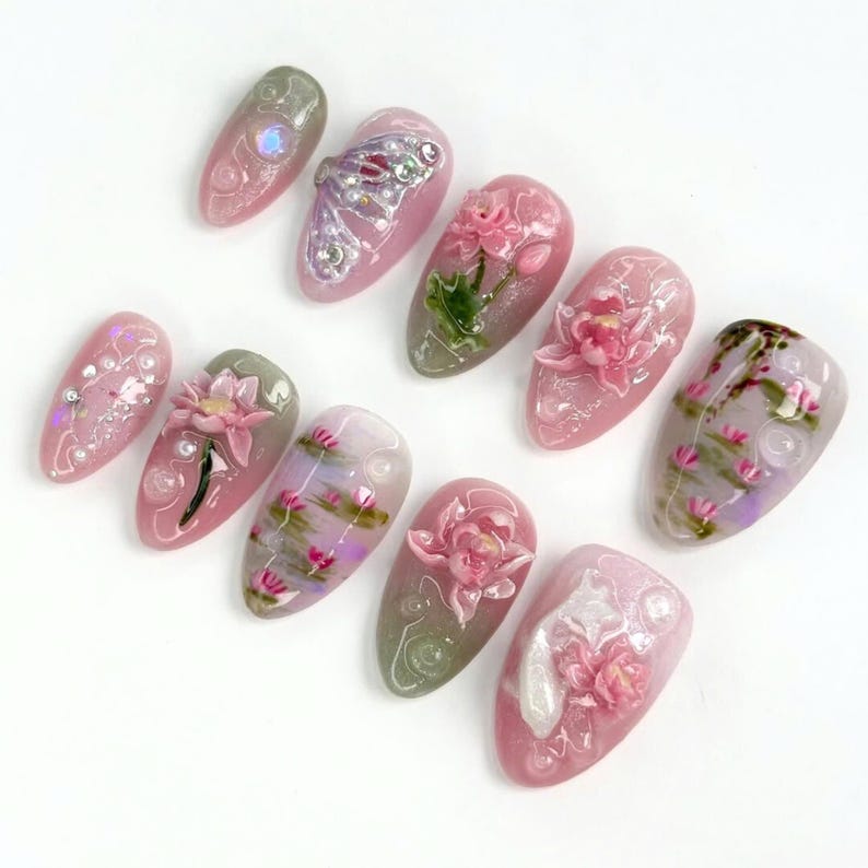 unique nail designs, bold press on nails, vibrant nail art, abstract nail, hand-painted nail, artistic press ons, custom nail art, asian press on, asian nail art, fish fake nails, press on nail fish, koi press on nails, coi fish nails, tea party nail
