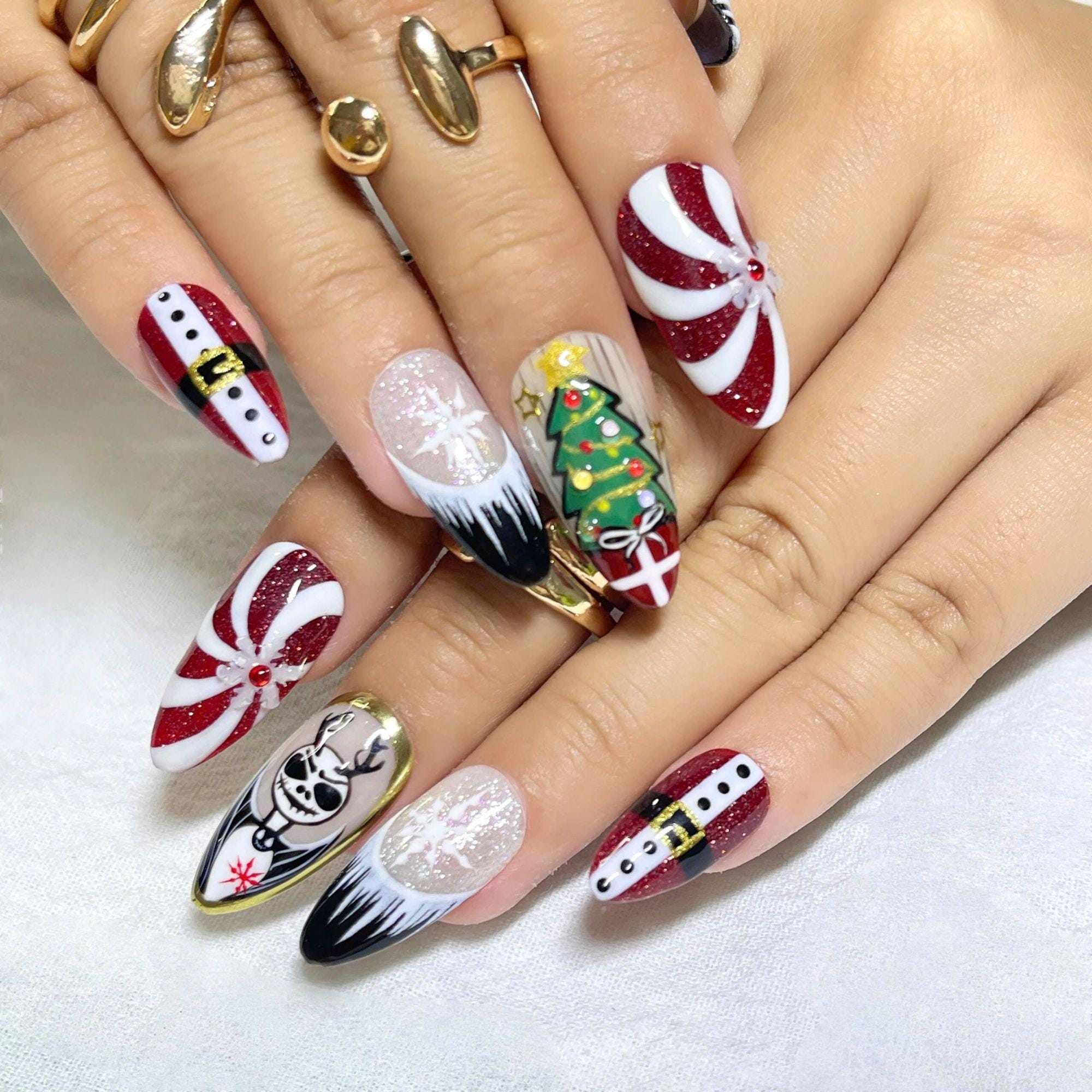 Christmas Press on Nails, Handmade Holiday Fake Nails With