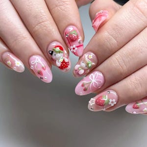 Cute Bunny And Strawberry Nails, Free Style Press On Nails, Pink Nails, Handmade Fake Nail, Custom Press On Nails, Unique Nail, Gift for her