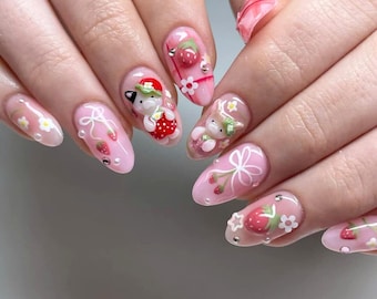 Cute Bunny And Strawberry Nails, Free Style Press On Nails, Pink Nails, Handmade Fake Nail, Custom Press On Nails, Unique Nail, Gift for her