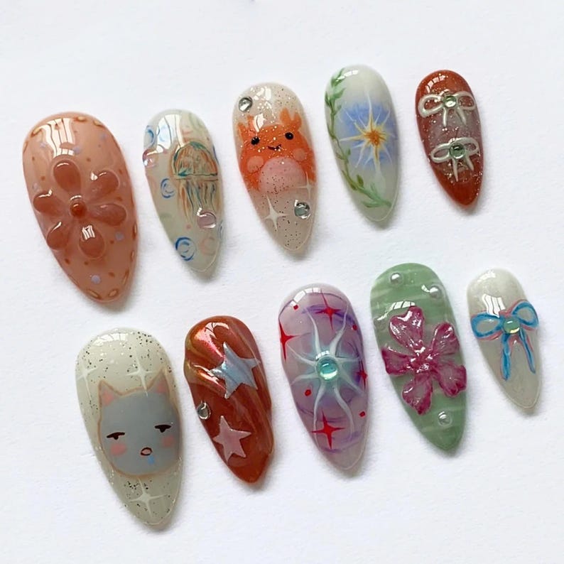 Smiski Nails, Colorful Nails, Handmade Nails, Press on nails, Cartoon Nails, Kawaii Nails, Unique Nails, Custom Nails, Cute Nails, Artistic Nails, Studio Ghibli Nails, Tororo Nails, Anime Nails, False Nails,  Japanese Nails