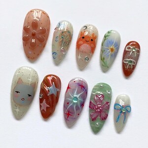 Smiski Nails, Colorful Nails, Handmade Nails, Press on nails, Cartoon Nails, Kawaii Nails, Unique Nails, Custom Nails, Cute Nails, Artistic Nails, Studio Ghibli Nails, Tororo Nails, Anime Nails, False Nails,  Japanese Nails